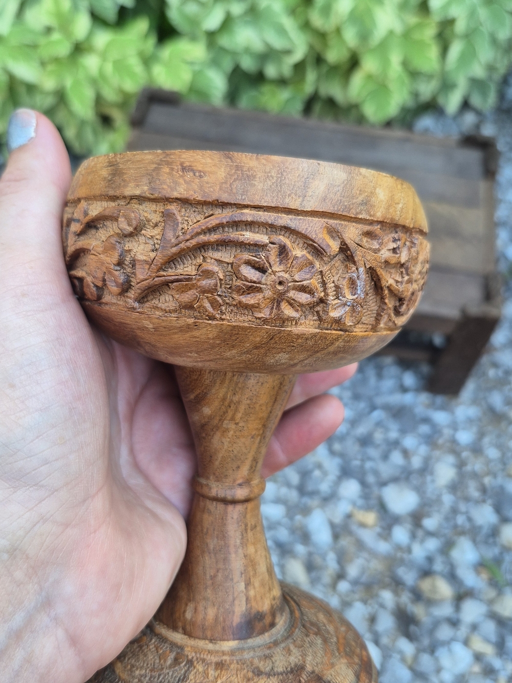 Vintage Hand Carved Wooden Pillar Candle Holder Stand | Rustic Boho Floral - Picture 4 of 13